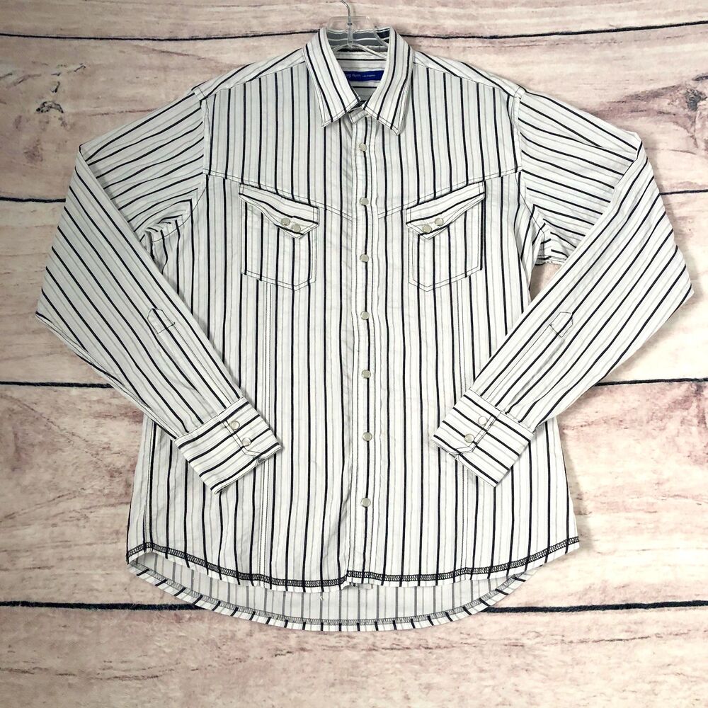 Georg Roth Shirt L Mens White Black Vertical Stripes Snap Button Pockets Western